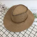 Summer Men's Outdoor Cowboy Straw Hat Khaki Beach Sun Protection Woven Cap Model - Fine Linen Light Coffee