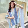 Women Knit Poncho Blue Yellow Zigzag Fringe Shawl Travel Ethnic Cape Outerwear - Dark Blue & Coffee Ethnic Style Shawls / 105–130 cm