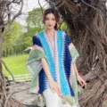 Ethnic style knitted fringe poncho cape for women, colorful geometric pattern travel shawl. - Navy Lake Blue Ethnic Style Shawls / 105–130 cm