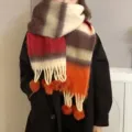 Colorful rainbow mohair gradient winter scarf with cozy fringe and warm plush pom-pom accents. - Striped Gradient Pompom - Orange Pompom