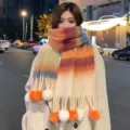 Women's colorful gradient rainbow mohair scarf with fluffy pom poms and cozy warm tassels. - Striped Gradient Pompom - Beige & Orange Pompom