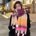 Gradient mohair rainbow scarf for women, thick warm winter tassel neck wrap accessories. - Striped Gradient Pompom - Dark Purple & Beige Pompom