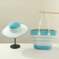 Summer blue white striped straw sun hat and woven handbag set for women travel beach outdoor. - Set / Sky Blue