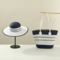 Summer straw hat and woven tote bag set, fashionable navy blue and white striped design. - Set / Navy Blue