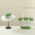 Green and white striped straw hat and matching tote bag set for summer outdoor travel beach wear - Set / Green