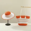 Stylish summer straw hat and tote bag two-piece set, orange and white stripes design. - Set / Orange