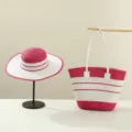 Summer straw hat and tote bag set, pink white striped outdoor travel beach sun hat bag. - Set / Rose Red