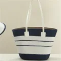 Blue and white striped straw tote bag detailed view, elegant woven texture design for summer. - Single Bag / Navy Blue