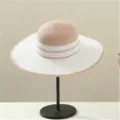 Elegant striped straw sun hat detail, stylish summer outdoor beach headwear for women. - Hat Only / Pink