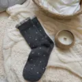 Grey-blue polka dot wool socks with lace trim, cozy mid-tube winter socks for women. - One Size / Dark Gray