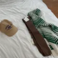 Cozy autumn winter casual clothing set featuring striped knit cardigan, ribbed long socks and cap. - One Size / Coffee