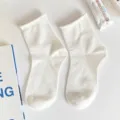 White mid-tube socks women spring summer cute JK style thin cotton solid color hosiery - Rolled Edge
