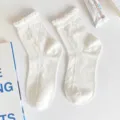 White Japanese JK style mid tube socks for women, cute ruffled lace cuff, diamond knit. - Lace Argyle