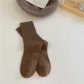 Brown ribbed knit mid-calf socks for women, cozy winter autumn casual solid color hosiery. - One Size / Coffee