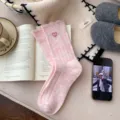 Thickened wool rib slouchy socks with cute heart embroidery for autumn and winter daily wear. - Pink