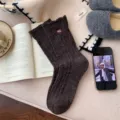 Thickened wool slouch socks with embroidered heart, cozy winter warm ribbed knit long socks for women. - Coffee