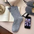Thickened grey wool socks with cute embroidered heart pattern, cozy ribbed winter knitwear. - Light Gray