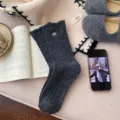 Thick grey wool knit socks with cute heart embroidery, warm winter slouchy socks for women. - Dark Gray