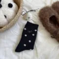 Black polka dot wool socks with bow embroidery, cozy winter warm thick socks for women. - Black