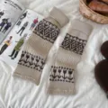 Fair isle knitted winter leg warmers for women thick warm retro diamond calf socks. - Light Coffee