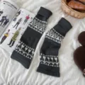 Dark grey knit leg warmers with Fair Isle pattern, thick winter slouchy socks for women. - Dark Gray