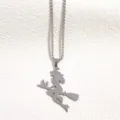Stainless steel witch flying broom necklace detail closeup, unique silver holiday pendant jewelry. - 60cm Pearl Chain / Silver