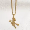 Stainless steel gold-colored flying witch broom pendant necklace for women Halloween jewelry detail - 60cm Pearl Chain / Gold