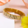 Gold stainless steel rhinestone stretch bracelet, double row crystal titanium steel bangle. - 11mm Double Row Rhinestone Style (k0202) / 11mm