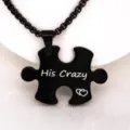 Black puzzle piece pendant necklace stainless steel titanium couple jewelry gift for lover - His Crazy Black