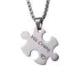 Stainless steel couple puzzle pendant necklace with engraved lettering and cute heart motifs. - His Crazy Silver