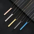 Detailed view of stainless steel vertical bar pendant necklace with custom text options. - Steel