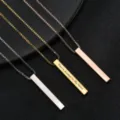 Close-up of minimalist stainless steel bar pendant necklaces in silver, gold, and rose gold. - Black