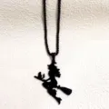 Stainless steel witch on broomstick necklace pendant, black beaded chain Halloween jewelry detail. - 60cm Pearl Chain / Black