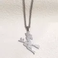 Stainless steel flying witch broom pendant necklace detail, Halloween jewelry item - 60cm Pearl Chain / Silver Sandblasted