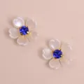 Exquisite white five-petal flower pearl resin patch with blue rhinestone center for DIY crafts. - Dark Blue