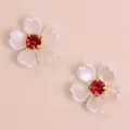 White pearl flower patches with red crystal center for DIY hair clips and phone cases. - Red