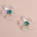 Close up detail of white pearl five petal flower patch with blue crystal center for DIY crafts. - Light Blue