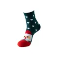 Close-up detail of Christmas themed women's mid-calf sock with cute Santa and heart patterns. - Size 35-40 / Dark Green Santa