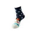 Detail view of Christmas snowman and heart pattern knit mid-calf socks for women. - 35-40 / Navy Blue