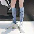 Women light blue knee high socks with cute small patterns, casual cotton long stockings for daily wear. - One Size / Snow - Light Blue