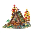Forest cabin building blocks DIY toy with lighting, miniature architecture set gift. - Autumn Forest A-Frame Wooden House / P3112