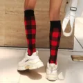 Red and black plaid knee high socks for women, fashionable daily wear hosiery item variant. - One Size / Snow - Red Plaid