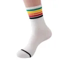 White mid-tube athletic socks featuring colorful retro stripes at the upper cuff. - One Size / White