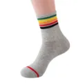 Detail view of grey mid-tube sock featuring vibrant multi-color striped cuff and toe accent. - One Size / Light Gray