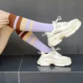 Fashion striped high knee socks women casual socks with chunky platform sneakers set daily wear - One Size / Purple Striped