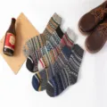 Herren Vintage ethnische dicke Wollsocken, Retro Muster warme thermische Wintersocken. - Olive Streifen Ethno (5 Paar Set)