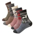 Set of 5 mens thick vintage wool winter socks with cozy nordic elk and geometric patterns. - Striped Tree Deer (Striped Tree Deer)