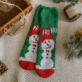 Christmas fuzzy plush socks detail view, green coral fleece winter warm sleeping socks with snowman - Style 3