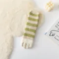 Cozy green striped fuzzy socks featuring cute cat paw design, soft winter home wear detail. - One Size / Green Stripe