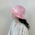 Cute pink kids bucket hat with floral lace trim and sweet bow design for little girls sun protection. - Pink Lace Bowknot
